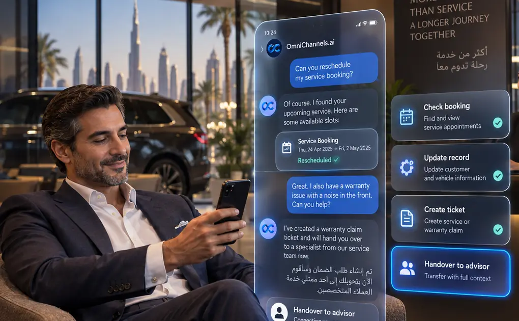 A customer in a car showroom lounge chats on his phone with an AI agent that answers in English and Arabic, opens a warranty ticket and hands him over to a service advisor.