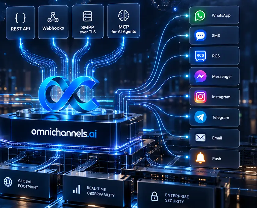 An illustrated messaging core labelled REST API, webhooks, SMPP over TLS and MCP for AI agents routes traffic out to WhatsApp, SMS, RCS, Messenger, Instagram, Telegram, email and push.