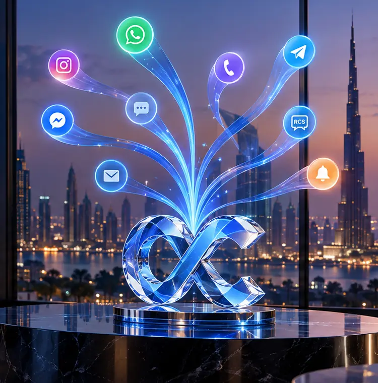 Leuchtende Kanal-Icons für WhatsApp, Instagram, Messenger, E-Mail, Sprache, RCS und Push fließen in ein gläsernes OmniChannels.ai-Logo, dahinter die Skyline von Dubai bei Nacht.