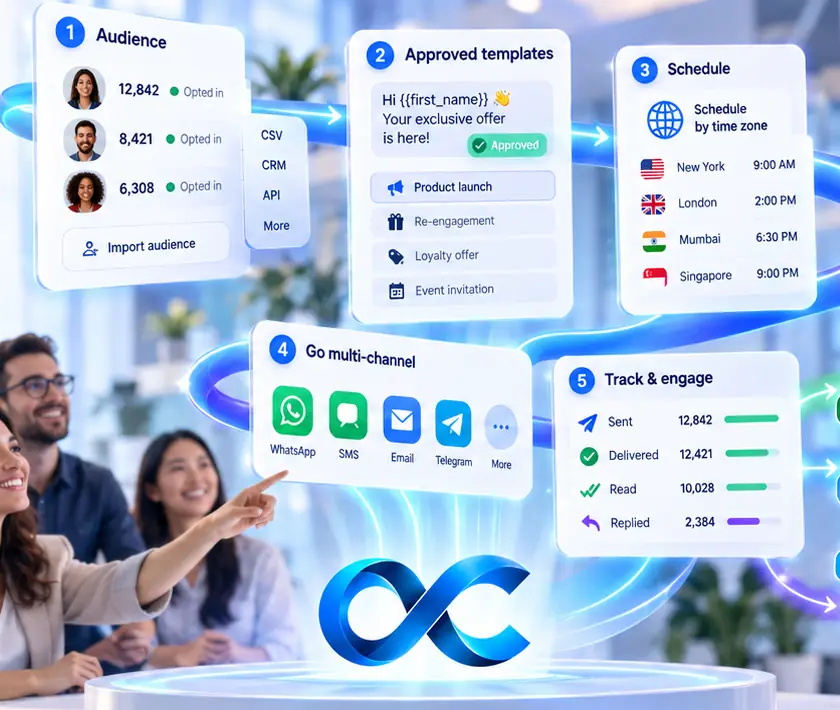A marketing team points at a campaign flow that runs from an opted-in audience and approved templates to time-zone scheduling, multi-channel sending and tracking.