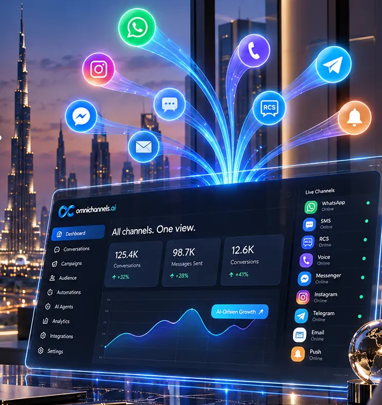 Channel icons rise from a glass dashboard that lists WhatsApp, SMS, RCS, voice, Messenger, Instagram, Telegram, email and push, in a penthouse overlooking Dubai at night.