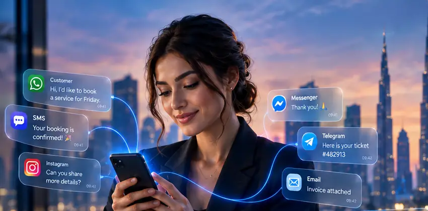 A woman smiles at her phone while message bubbles from WhatsApp, SMS, Instagram, Messenger, Telegram and email float around her, with the Dubai skyline at dusk.