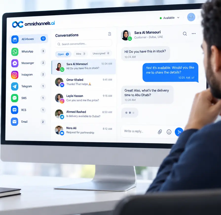 A desktop monitor shows the OmniChannels.ai shared inbox with WhatsApp, Messenger, Instagram, Telegram, SMS, RCS and email in the sidebar and an open customer conversation.
