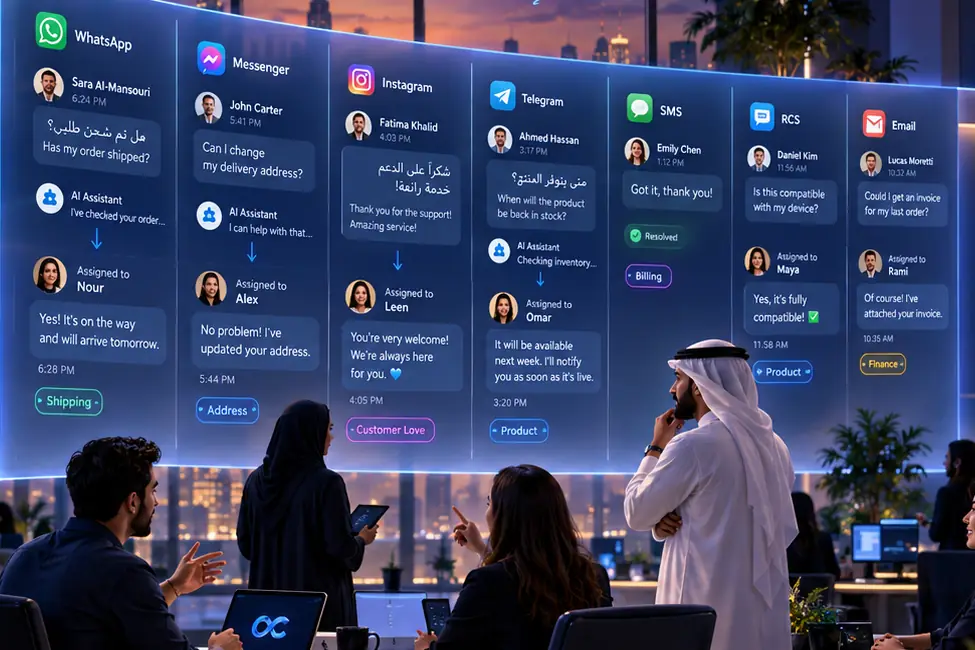 Ein Support-Team in einem Büro in Dubai prüft nachts einen wandgroßen gemeinsamen Posteingang mit WhatsApp-, Messenger-, Instagram-, Telegram-, SMS-, RCS- und E-Mail-Chats, auch auf Arabisch.