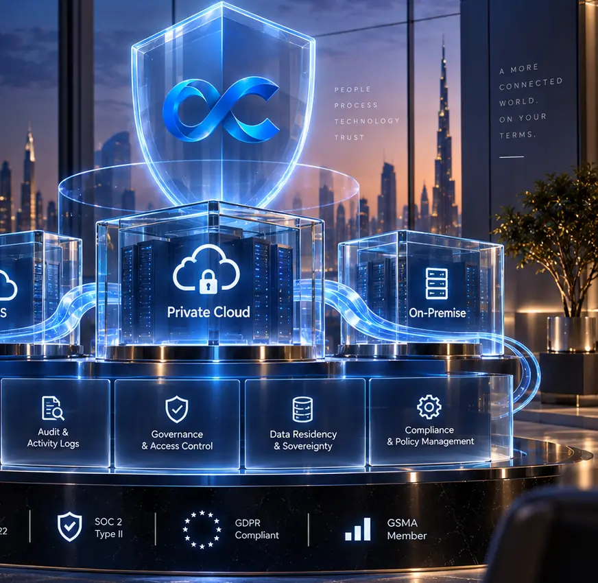 A glass shield with the OmniChannels.ai mark stands over three deployment blocks, SaaS, private cloud and on-premise, on a podium of governance, audit and compliance controls.