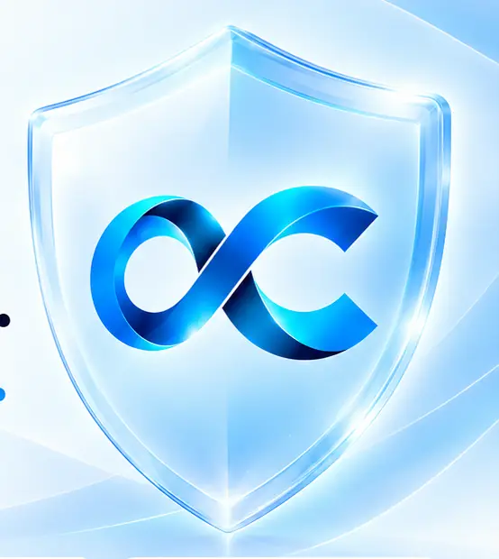 A translucent glass shield carrying the OmniChannels.ai mark on a pale blue background.
