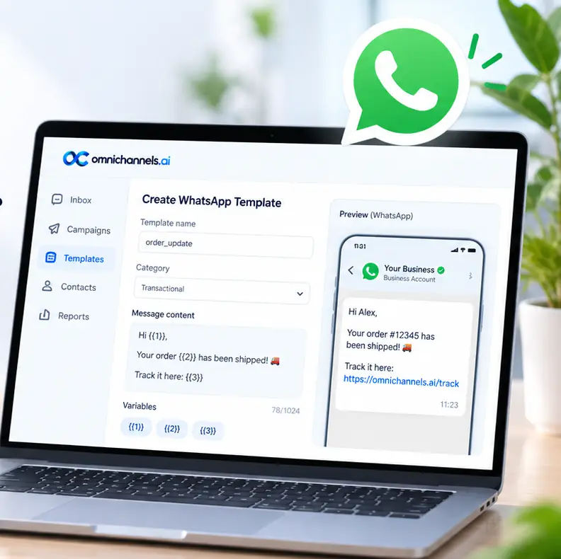 A laptop on a bright desk shows the OmniChannels.ai WhatsApp template editor, with an order-shipped message, variables and a phone preview.