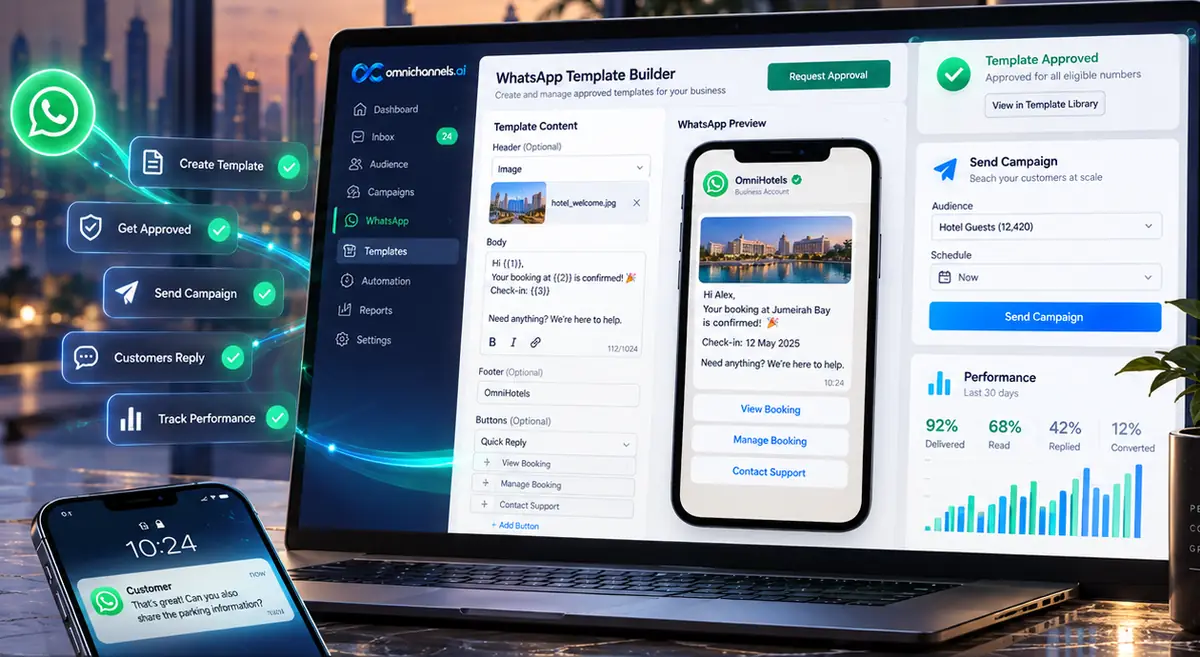 A laptop shows a WhatsApp template builder with a hotel booking confirmation previewed on a phone, while steps from create template to track performance glow beside it.