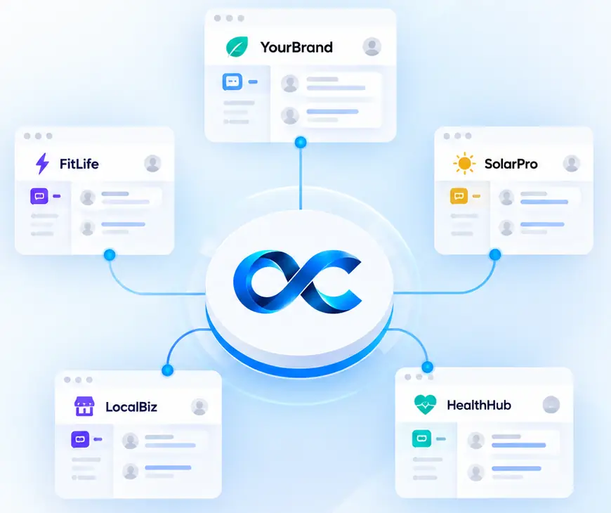 The OmniChannels.ai mark at the centre connects to five branded client accounts, illustrating sub-accounts that a reseller runs under its own brand.