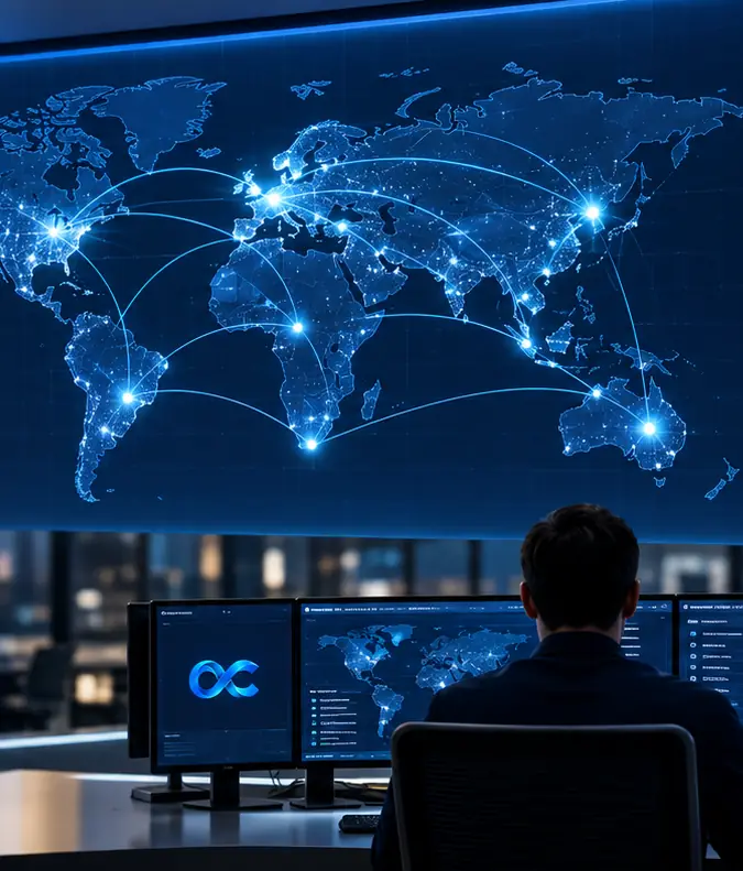 An engineer in a network operations centre watches a wall-sized world map of carrier routes above a row of monitoring screens.